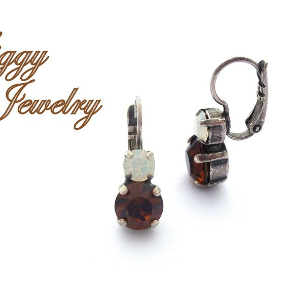 Swarovski Crystal Double Drop Lever Back Earrings in Smoked Topaz and White Opal - Picture 3 of 5